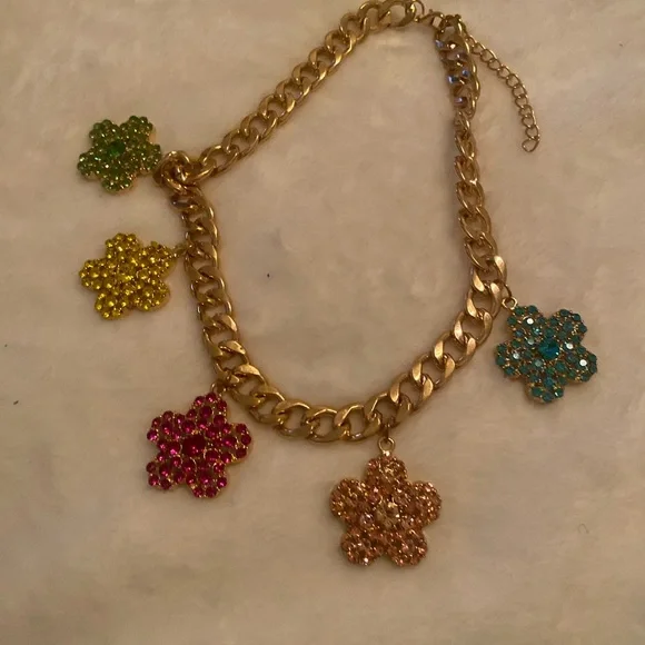 Gold Chain Necklace with Multicolor Flower Charms - Picture 1 of 3